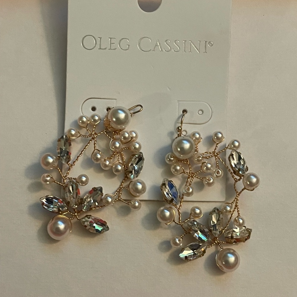 Oleg Cassini Gold Pearl Crystal Earrings